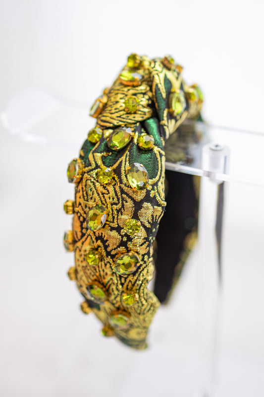 Brianna Cannon Green and Gold Brocade Headband With Crystals