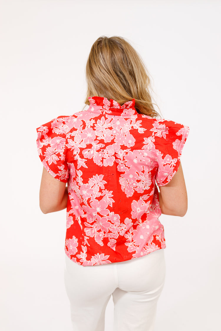 Red and Pink Floral Eyelet Top