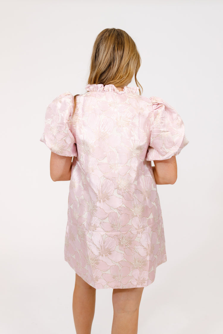 Pink Textured Floral Puff Sleeve Dress