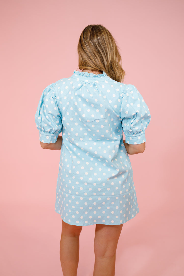 Blue Polka Dot Puff Sleeve Dress