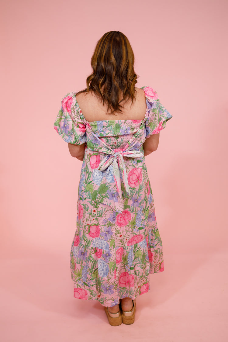 Pink Floral Puff Sleeve Back Tie Midi Dress