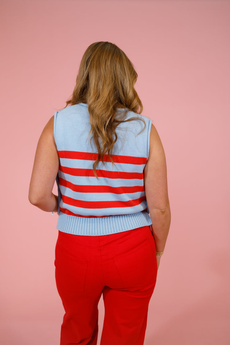 Blue and Red Side Button Top