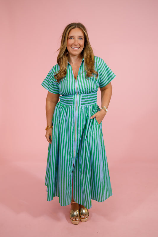 Green and Blue Vertical Stripe Front Zip Dress