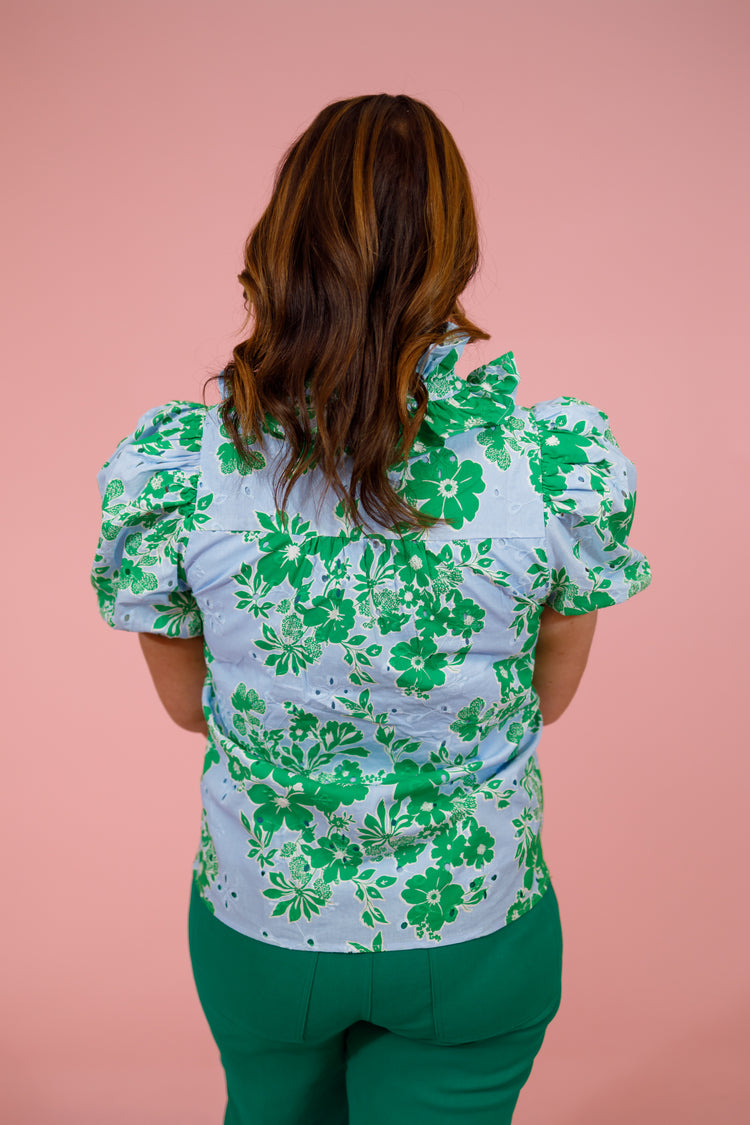 Bright Floral Detail Top, BLUE/GREEN