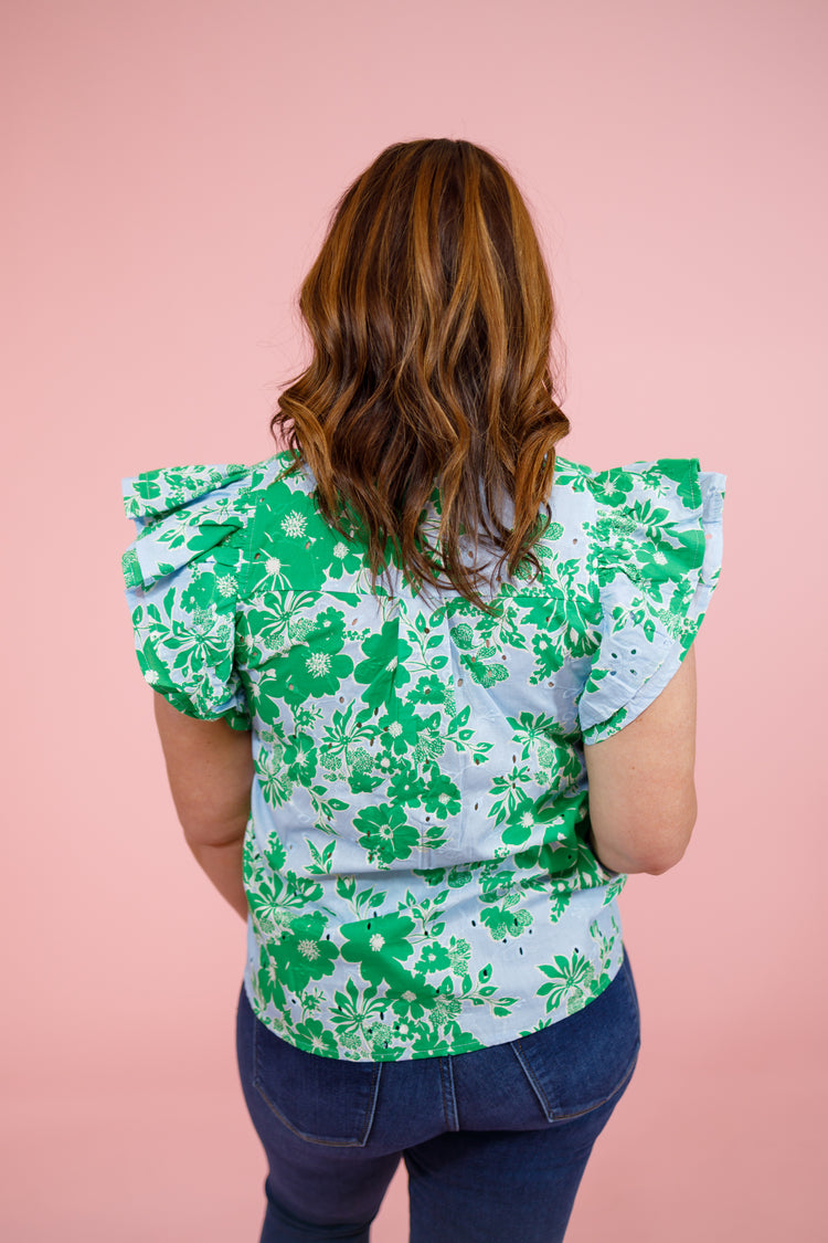 Green and Blue Floral Eyelet Top