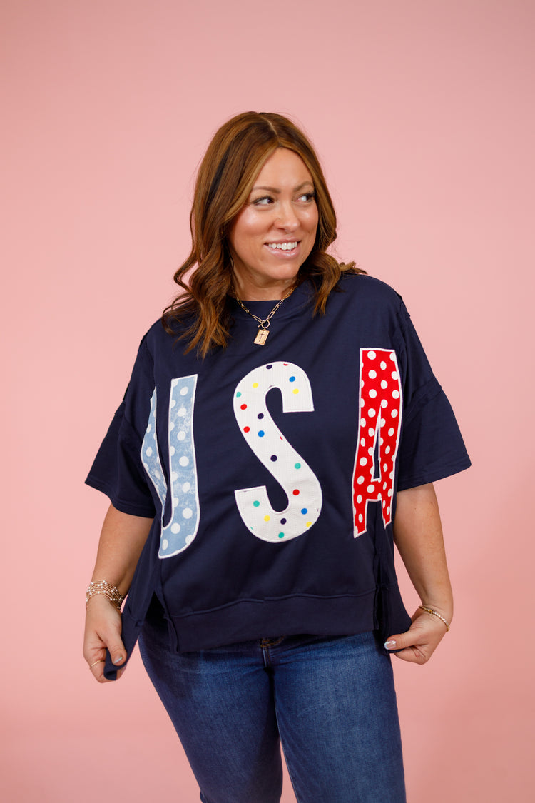 Navy Polka Dot USA Top