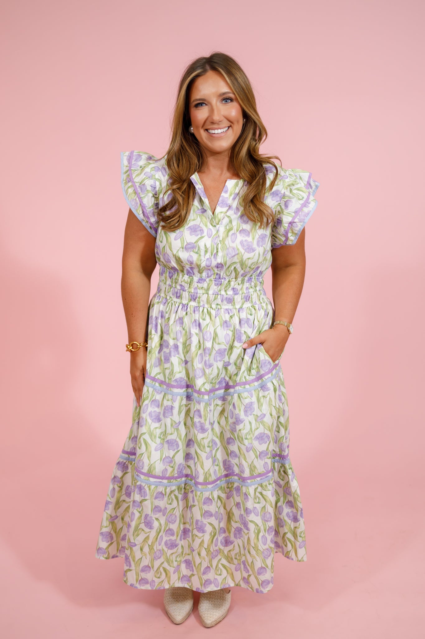 Lilac and Green Floral Flutter Sleeve Midi Dress Large Lilac and Green Floral Flutter Sleeve Midi Dress Large