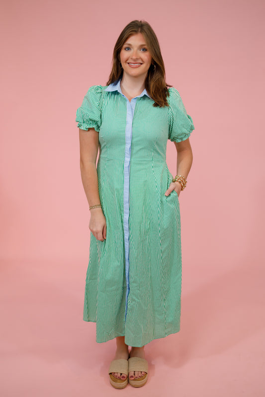 Green and Blue Vertical Stripe Puff Sleeve Midi Dress