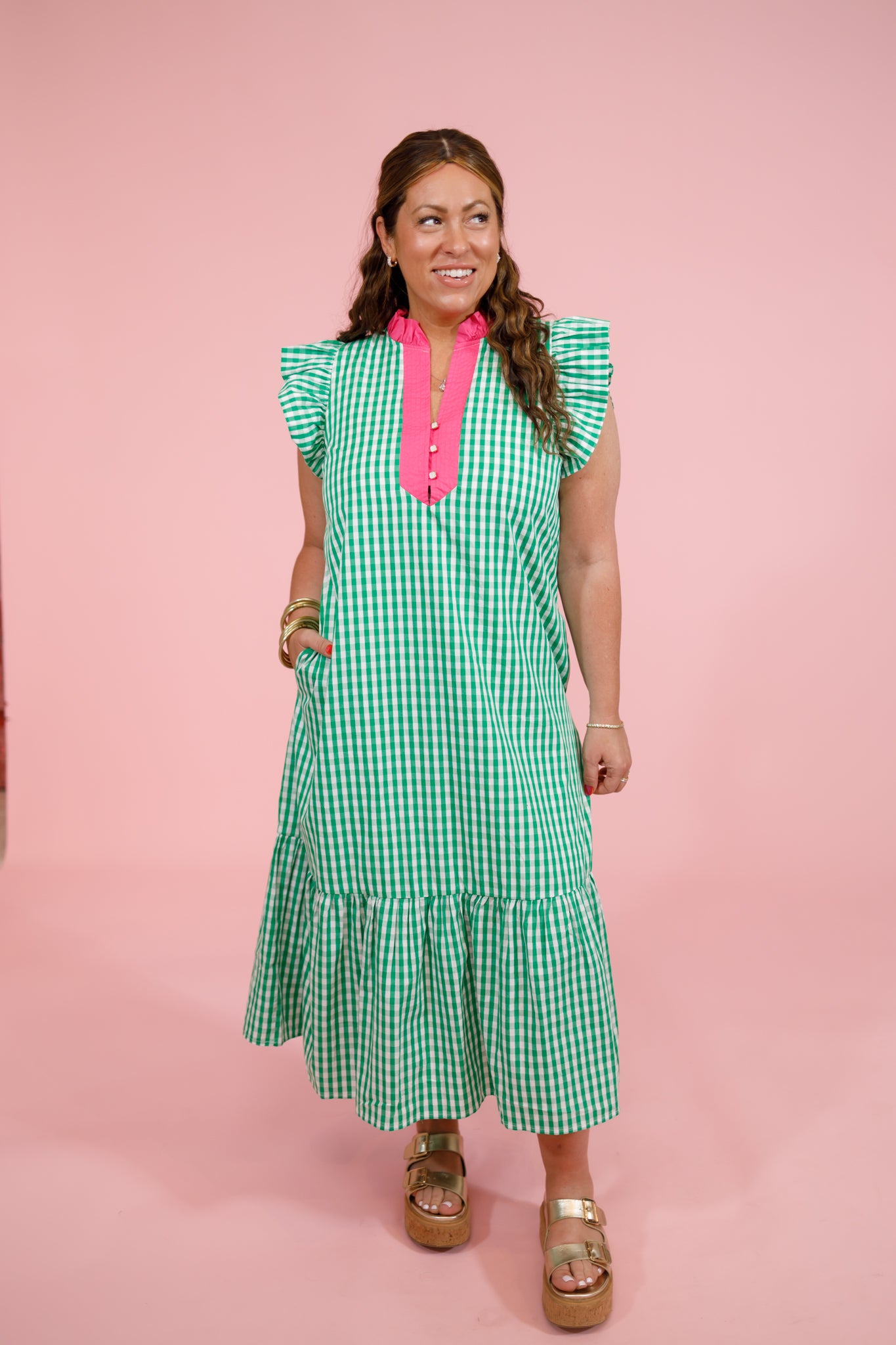 Green Checker Flutter Sleeve Midi Dress Jaxe + Grace Boutique Green Checker Flutter Sleeve Midi Dress Jaxe + Grace Boutique