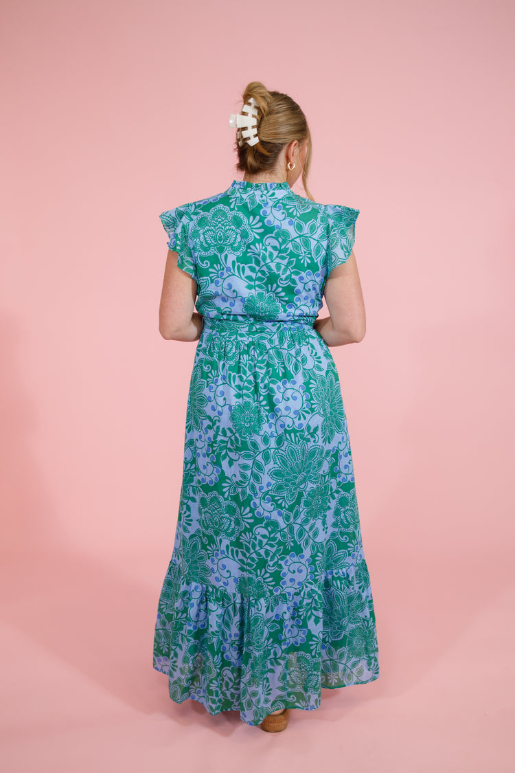Green and Blue Floral Wrap Maxi Dress