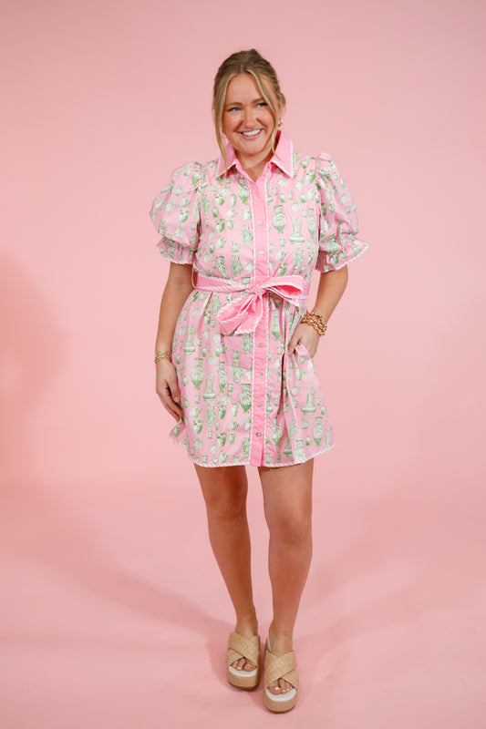 Pink and Green Jar Patterned Tie Dress