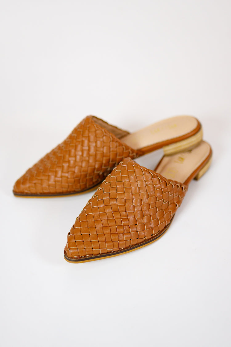Woven Leather Mules, CAMEL