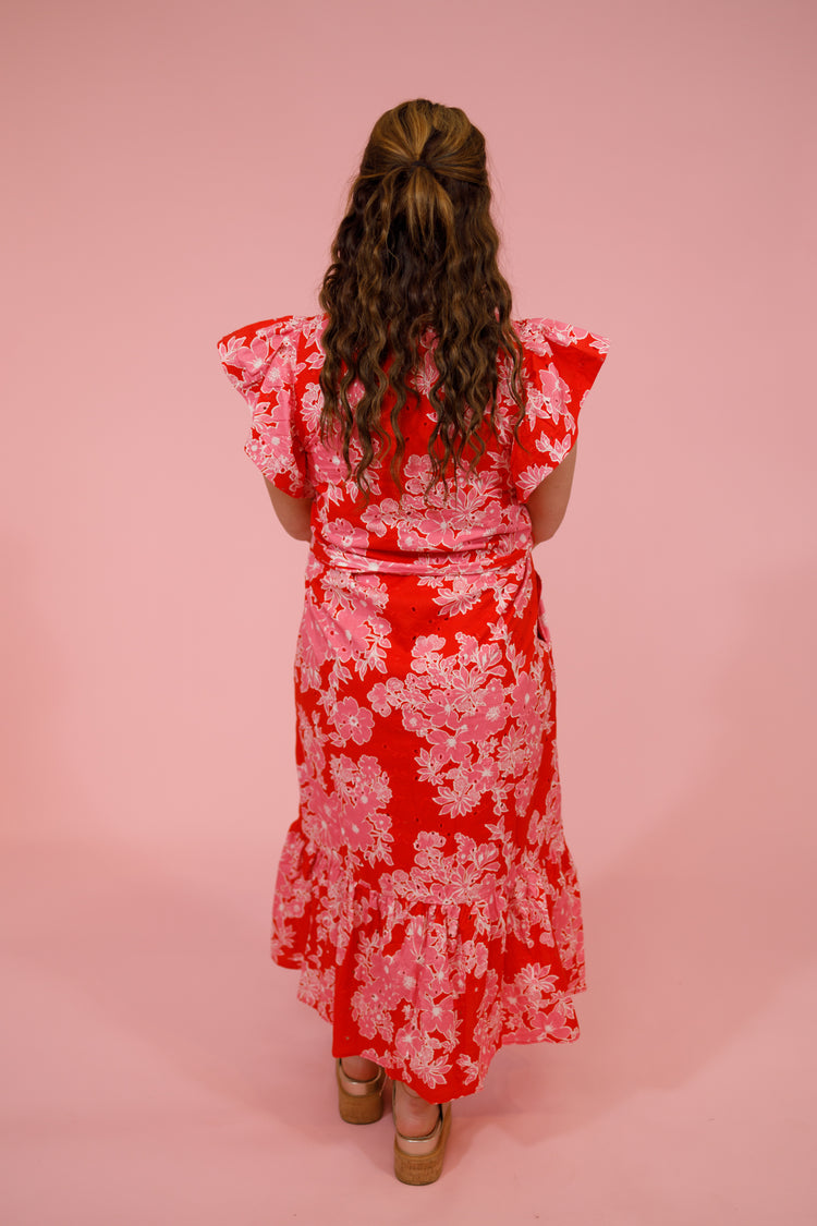 Red and Pink Floral Eyelet Midi Dress, S-2XL