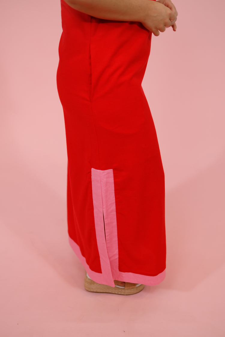 Red and Pink Halter Neck Midi Dress Jaxe + Grace Boutique
