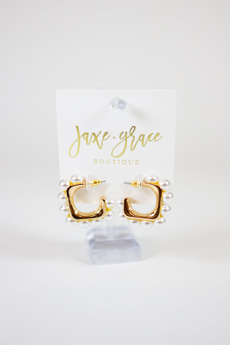 Linked Pearl Square Hoops Jaxe + Grace Boutique