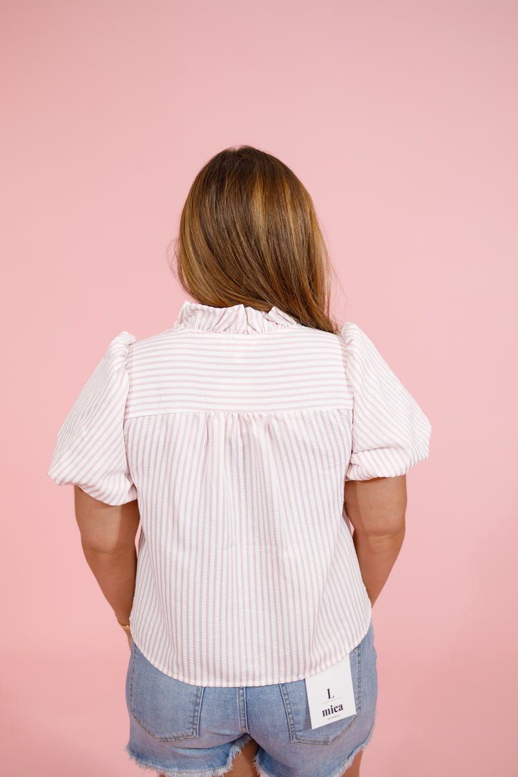 Pink Stripe Ruffle Button Down Top Jaxe + Grace Boutique