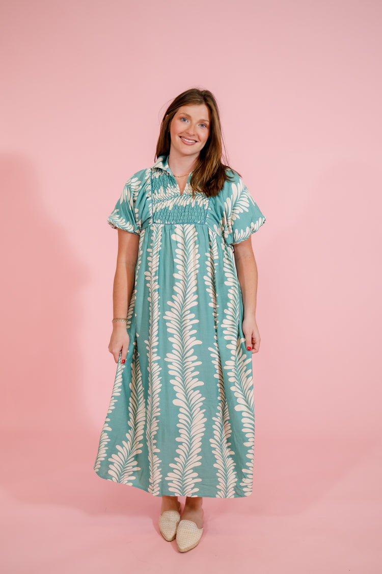 Sage Pattern Puff Sleeve Midi Dress