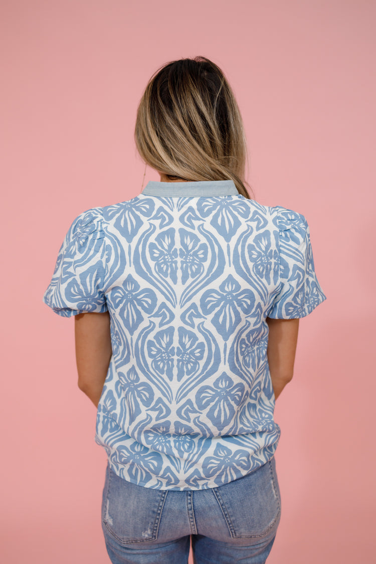 Blue Floral Split Neck Top Jaxe + Grace Boutique