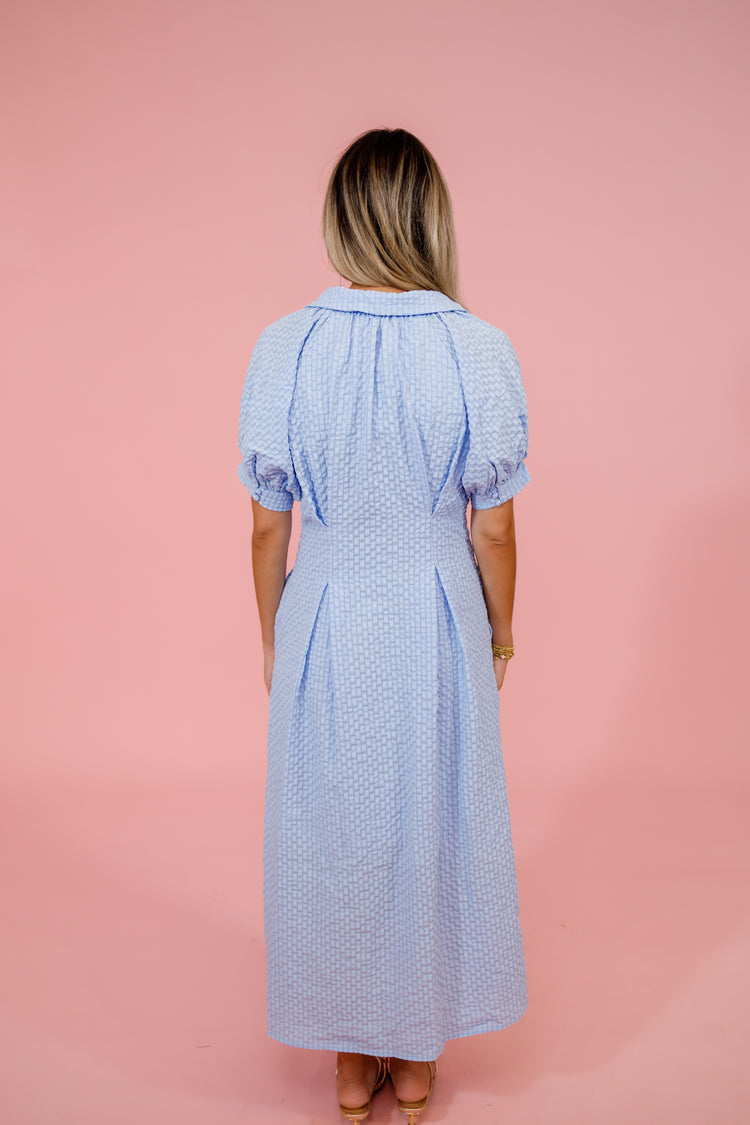 Blue Seersucker Pleated Midi Dress
