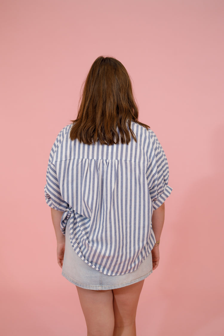 Button Down Stripe Oversized Boxy Top, NAVY Jaxe + Grace Boutique