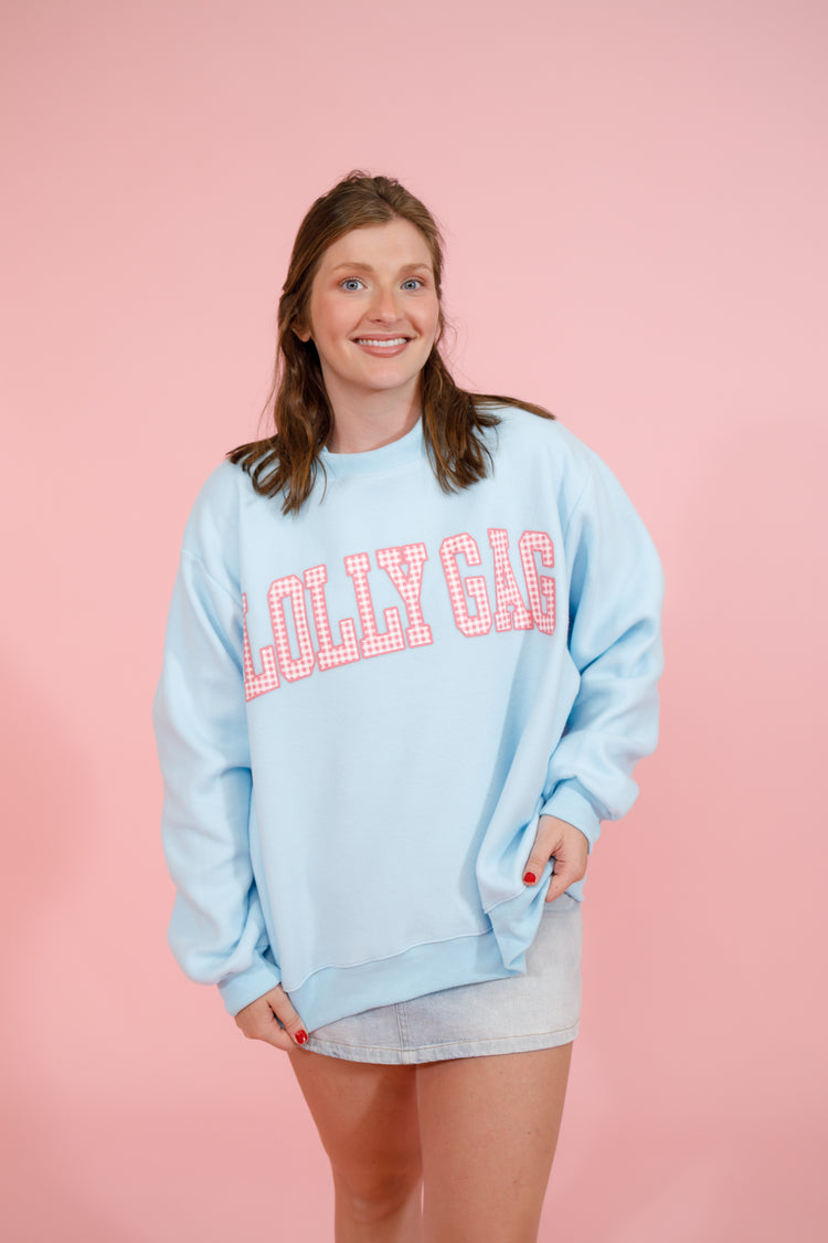 Blue "Dilly Dally" and "Lolly Gag" Reversible Mock Neck Sweatshirt Jaxe + Grace Boutique
