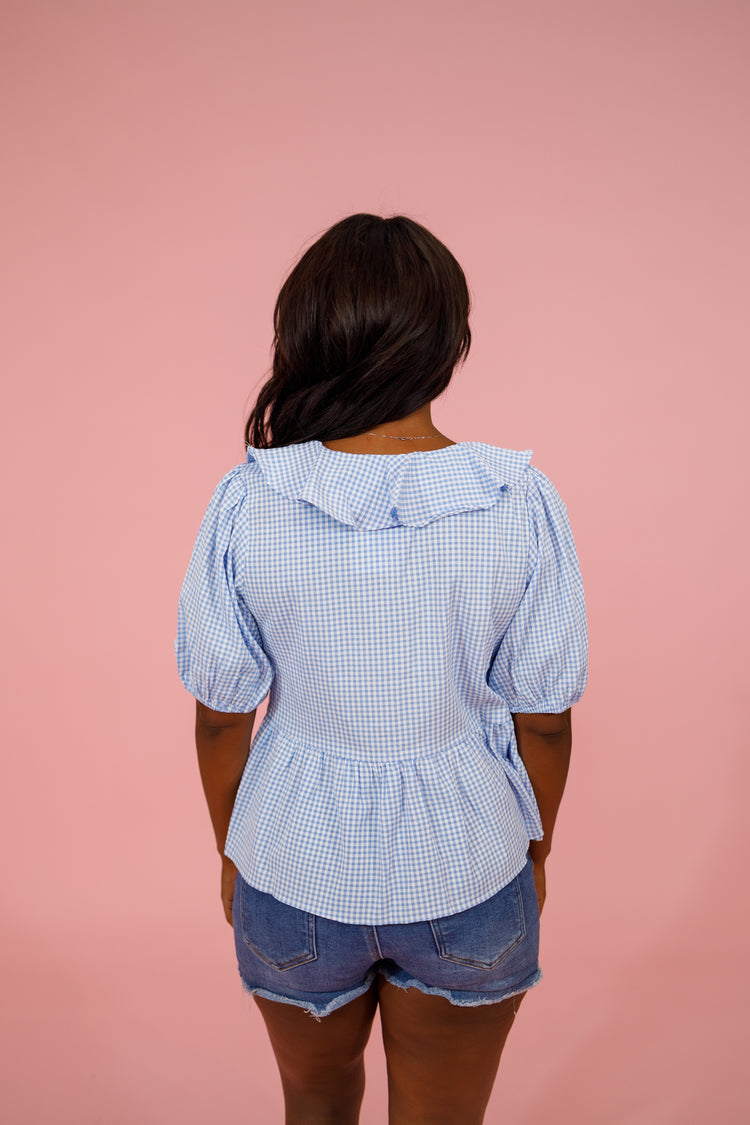 Gingham Ruffle Puff Sleeve Top, LT. BLUE Jaxe + Grace Boutique