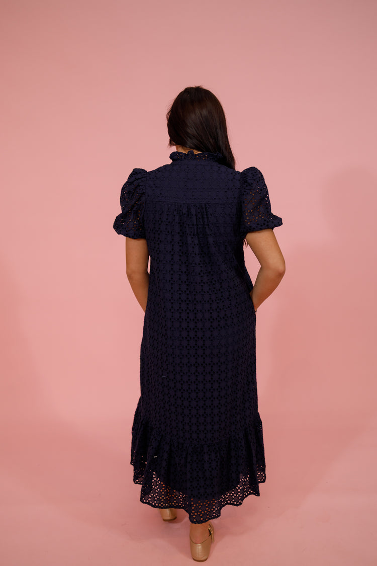 Navy Eyelet Bubble Sleeve Midi Dress Jaxe + Grace Boutique