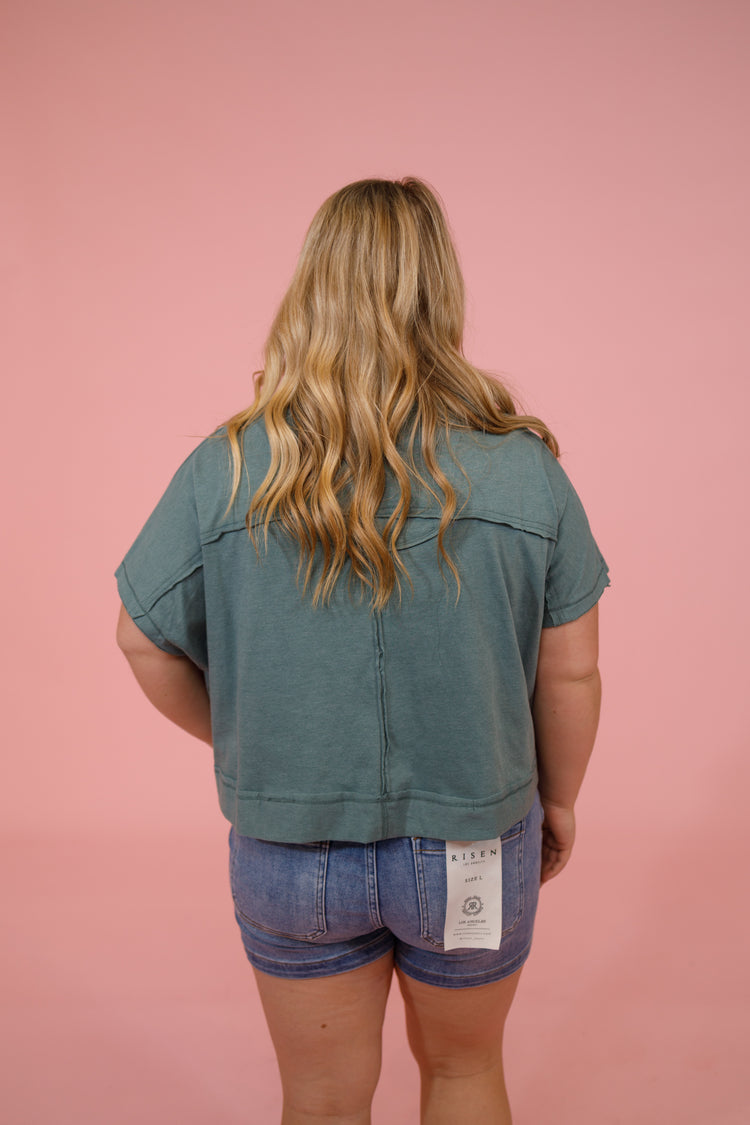 Risen Medium Wash Front Seam Shorts Jaxe + Grace Boutique