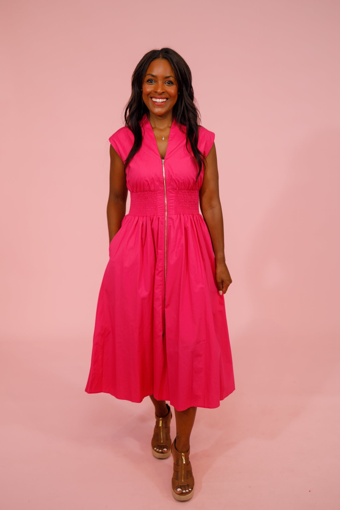 fuchsia midi dress Verona Garden Ruffle taupe ground / Elegant high neckline Show Some Love Cowl Neck