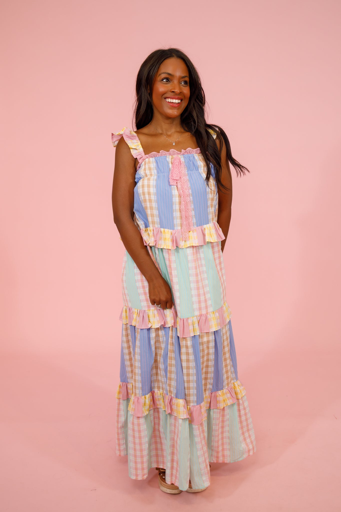 Mixed Pastel Tiered Maxi Dress Medium
