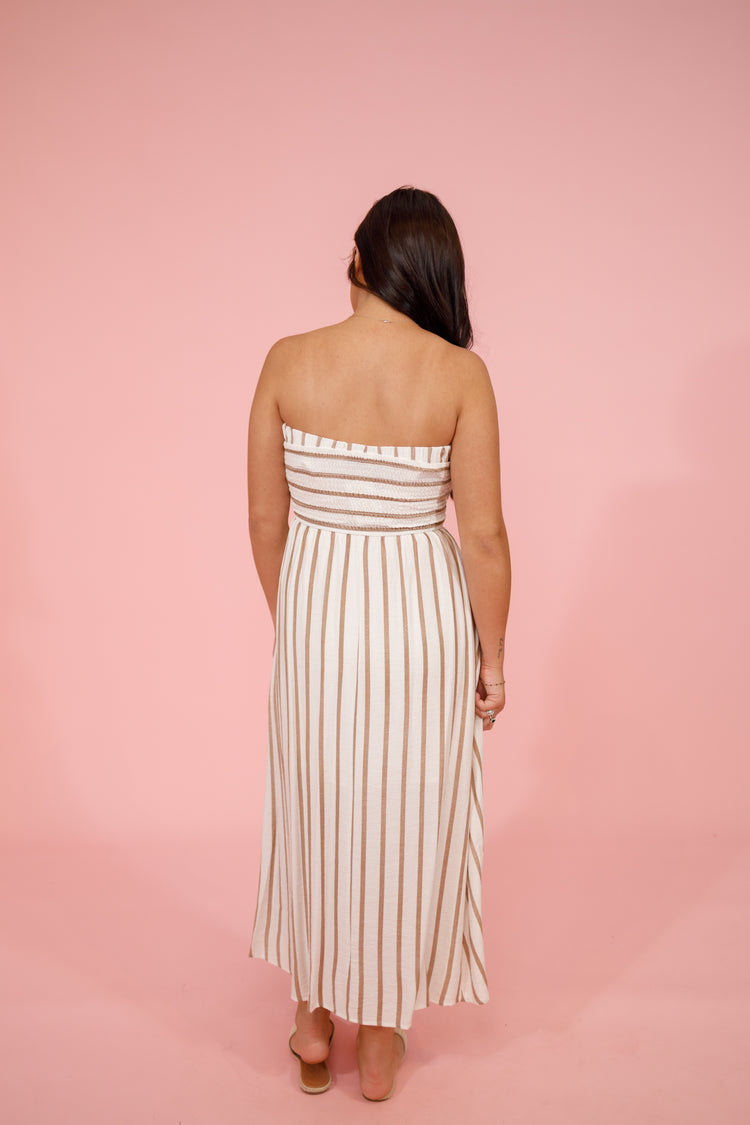Brown Stripe Strapless Midi Dress Jaxe + Grace Boutique