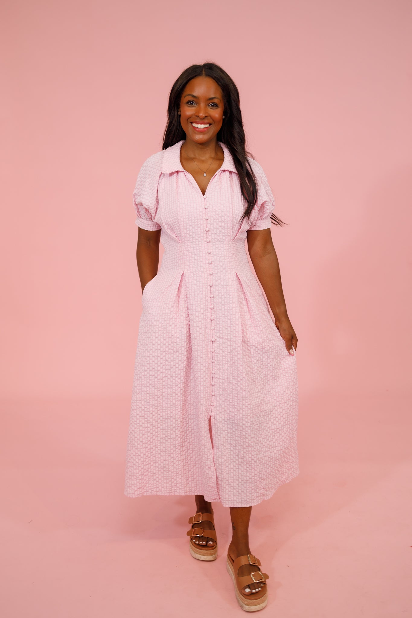 Pink Seersucker Pleated Midi Dress Small