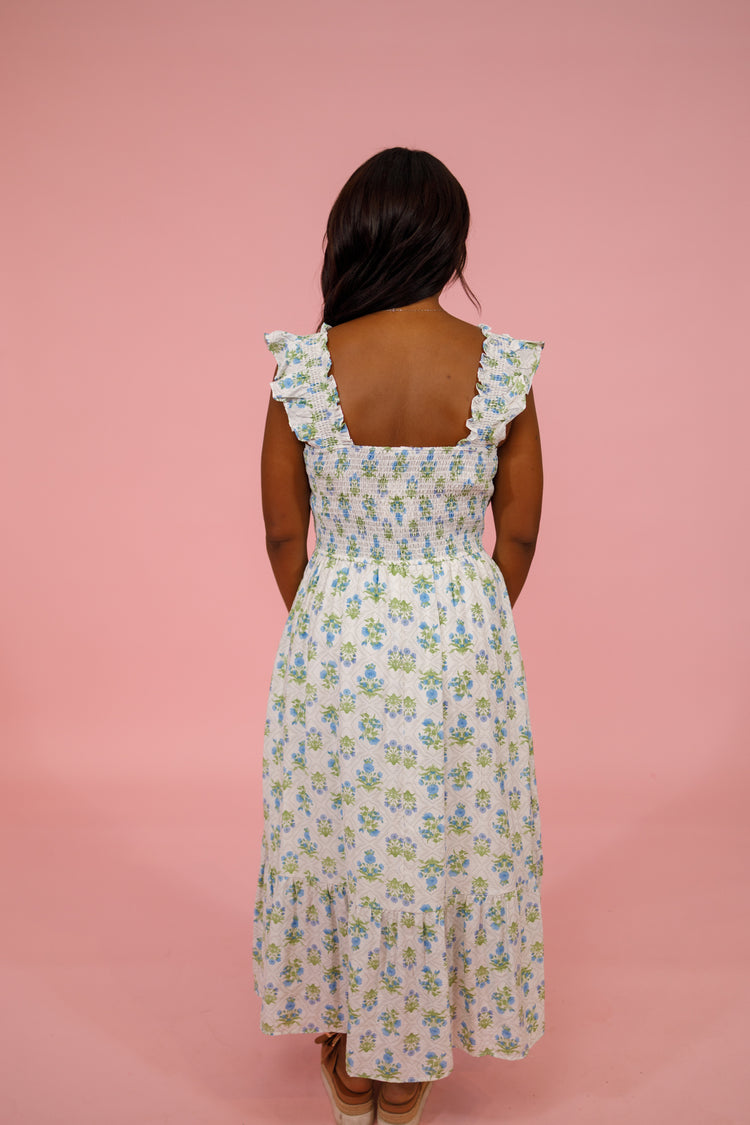 Blue Multi Floral Smocked Midi Dress Jaxe + Grace Boutique
