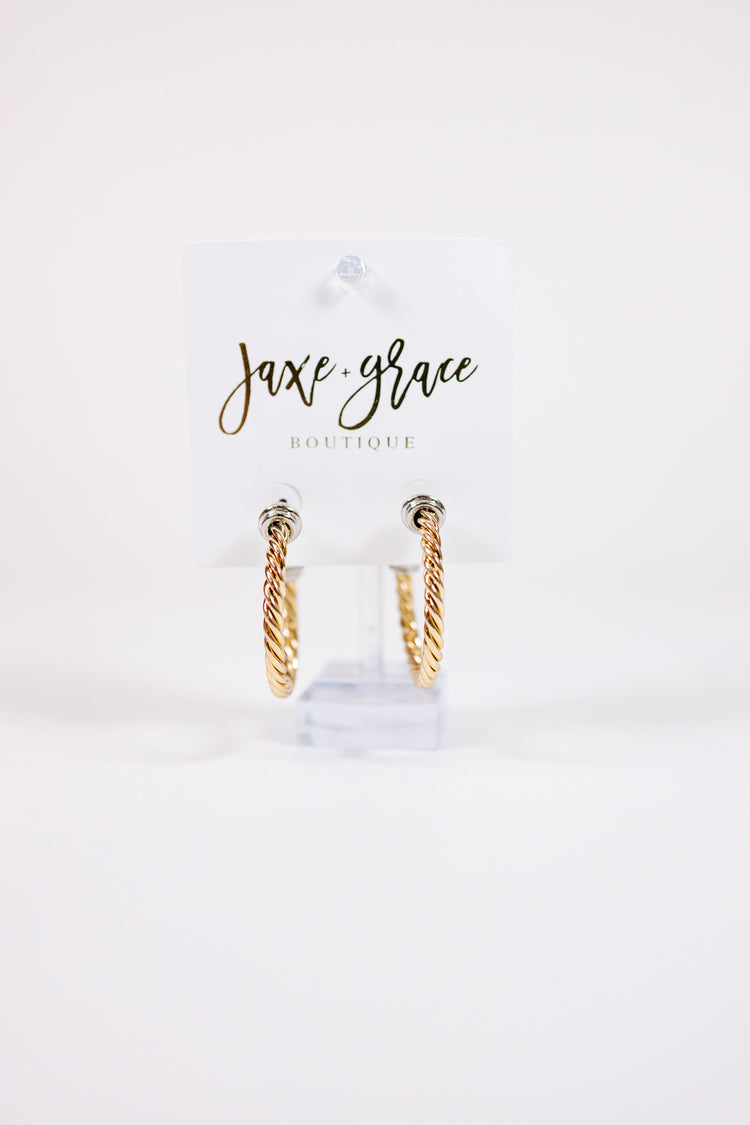 Two Tone Metal Twist Hoop Earrings Jaxe + Grace Boutique