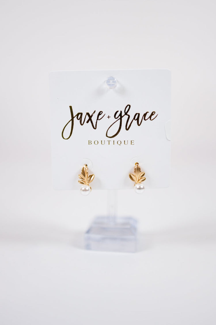 Elegant Leaf Design Pearl Drop Earrings Jaxe + Grace Boutique
