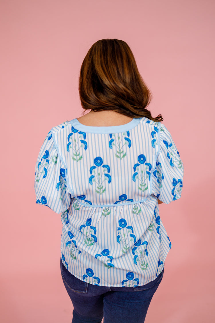 Blue and White Stripe Floral Top Jaxe + Grace Boutique