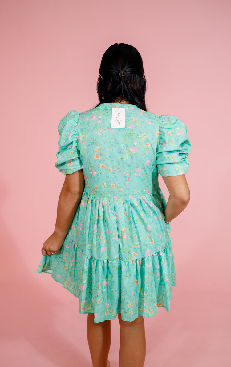 Mint Floral Tiered Puff Sleeve Dress Jaxe + Grace Boutique