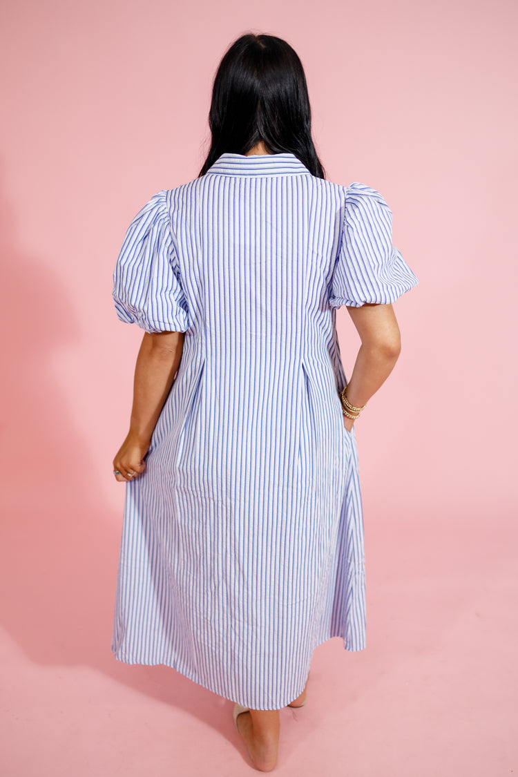 Blue Stripe Collar Puff Sleeve Midi Dress Jaxe + Grace Boutique
