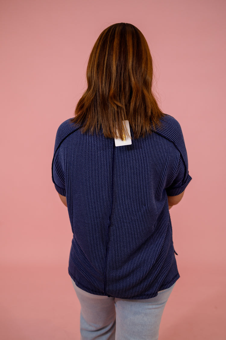 Ribbed Cuff Sleeve Top, NAVY, S-3XL Jaxe + Grace Boutique