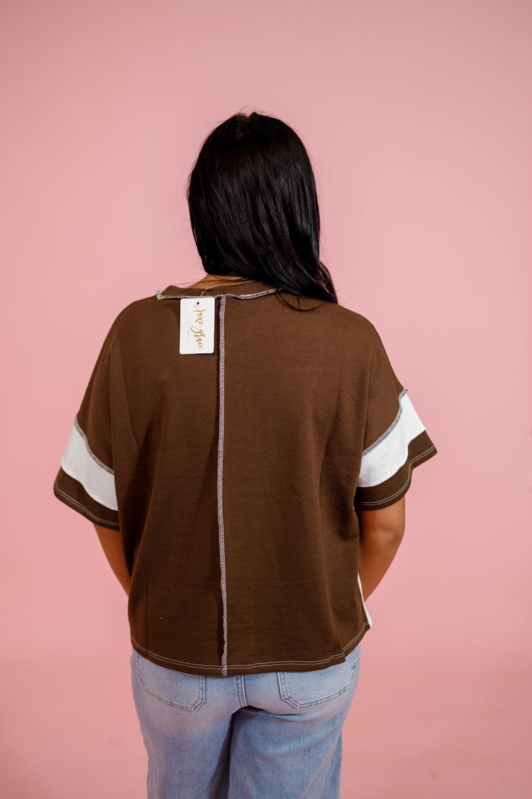 French Terry Color Block Exposed Seam Top, BROWN Jaxe + Grace Boutique