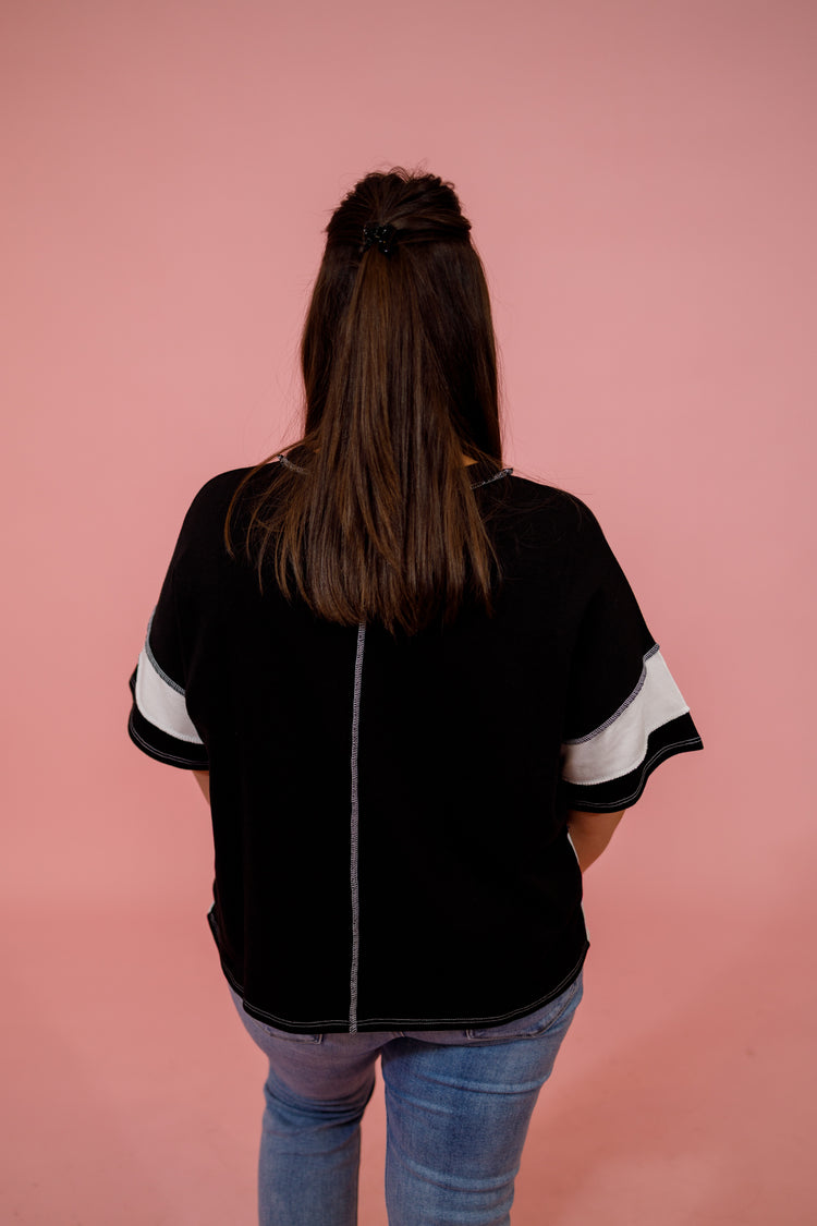 French Terry Color Block Exposed Seam Top, BLACK Jaxe + Grace Boutique