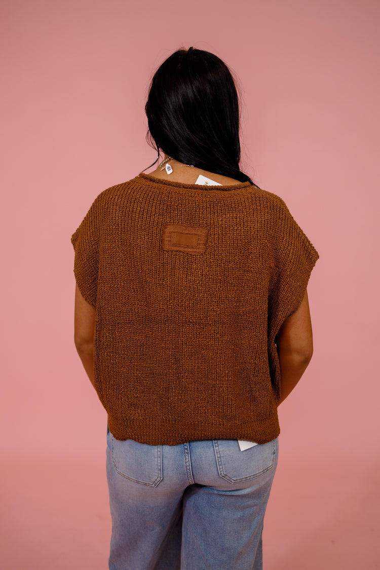 Knit Split Neck Side Slit Top, DEEP CAMEL Jaxe + Grace Boutique