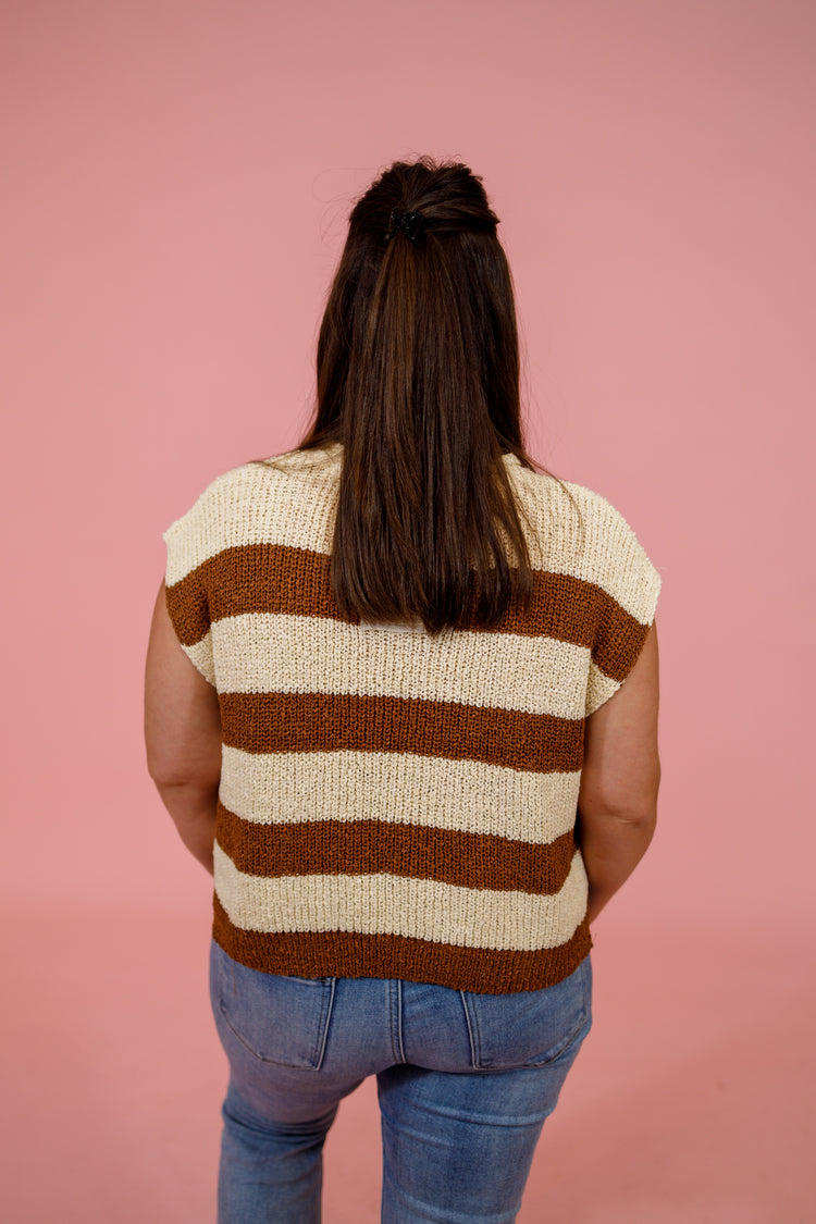 Slit Neck Striped Sleeveless Knit Top, DEEP CAMEL Jaxe + Grace Boutique