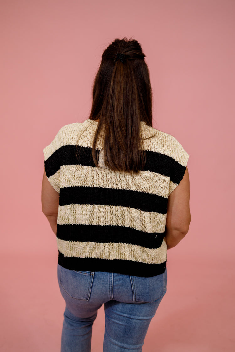 Slit Neck Striped Sleeveless Knit Top, BLACK Jaxe + Grace Boutique