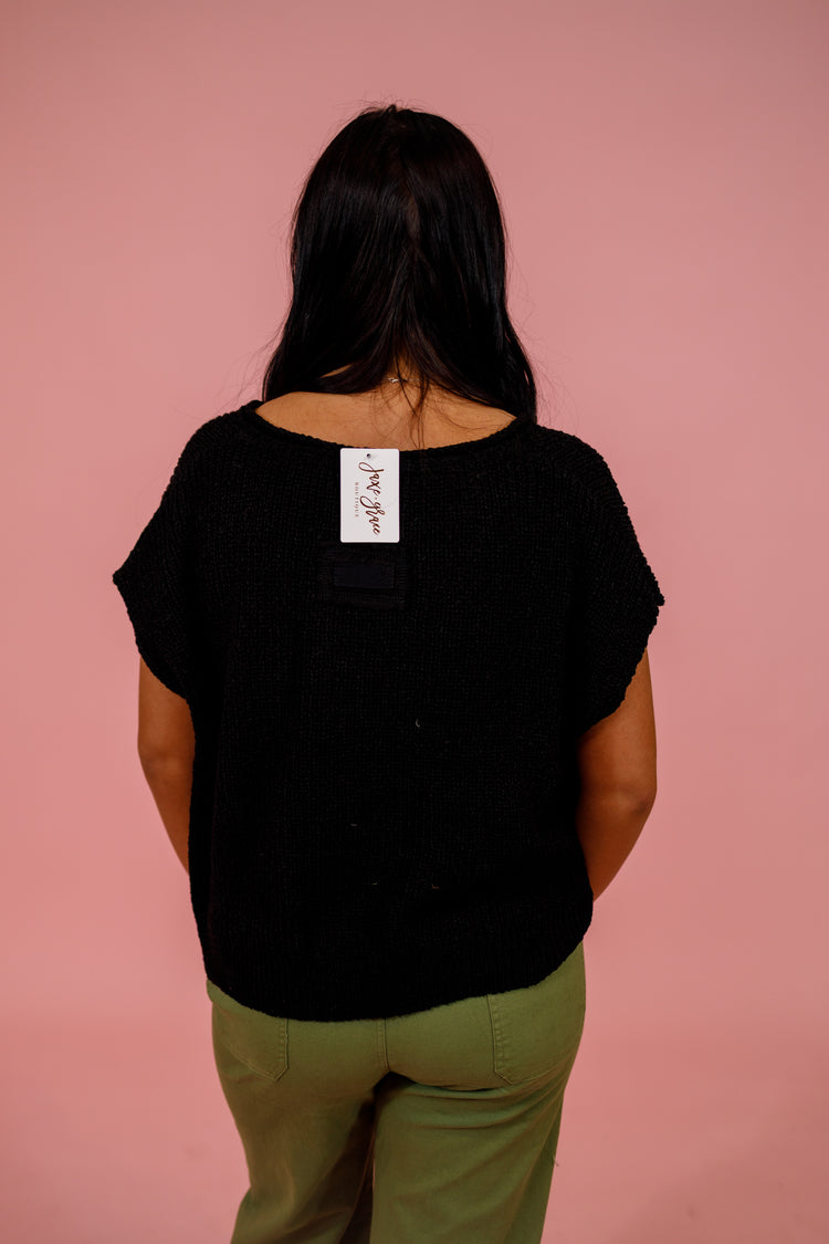 Knit Split Neck Side Slit Top, BLACK Jaxe + Grace Boutique