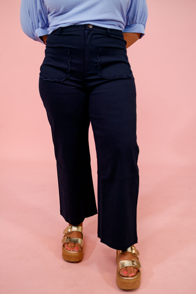 Navy Scallop Pocket Pants Jaxe + Grace Boutique