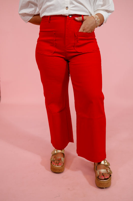Red Scallop Pocket Pants Jaxe + Grace Boutique