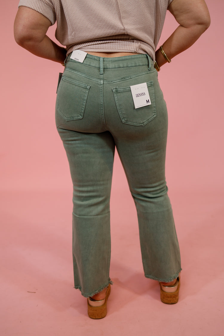 Z Acid Wash Crop Flare Jeans, OLIVE, REG & CURVY Jaxe + Grace Boutique