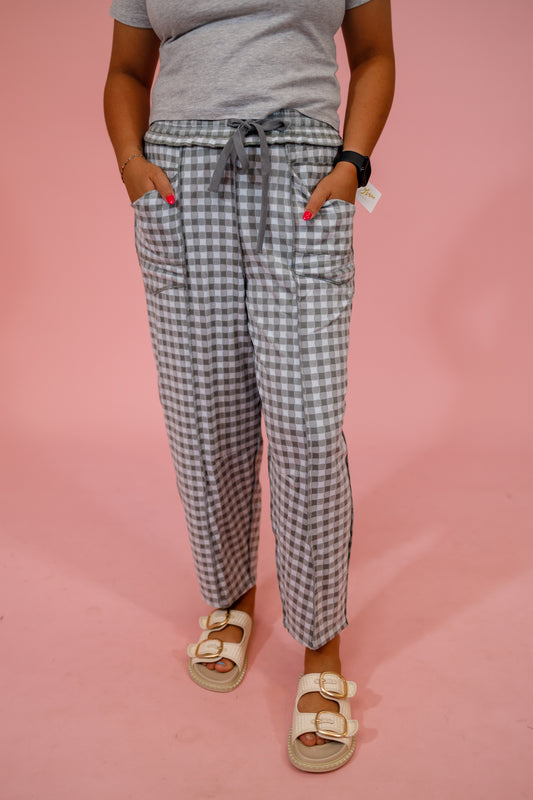 Soft Brushed Gingham Barrel Knit Pants, BLUE GREY Jaxe + Grace Boutique