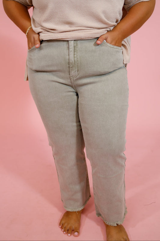 Curvy Z Acid Wash Crop Flare Jeans, Lt Olive Jaxe + Grace Boutique